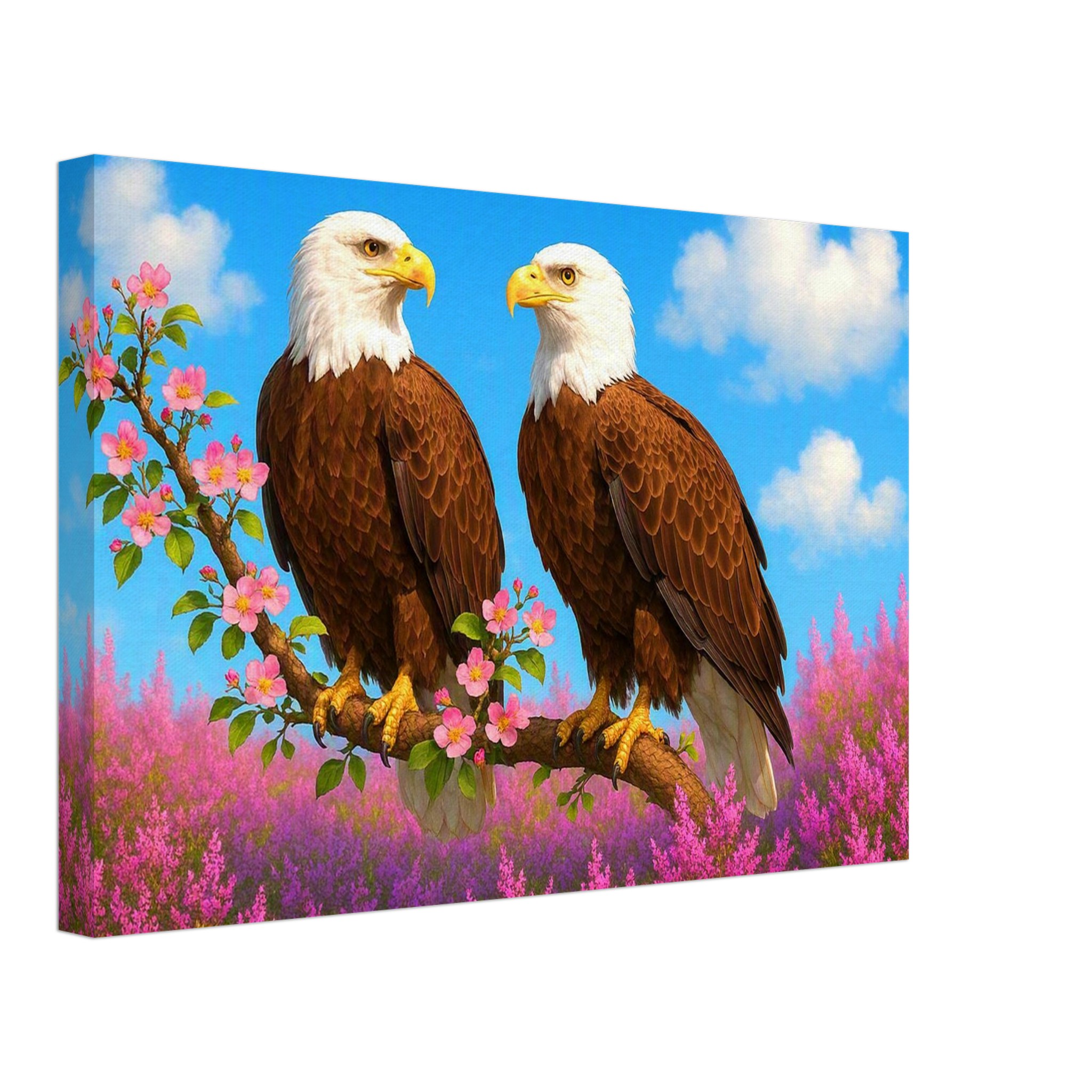Golden Eagles on Pink Blossom Tree Canvas Print
