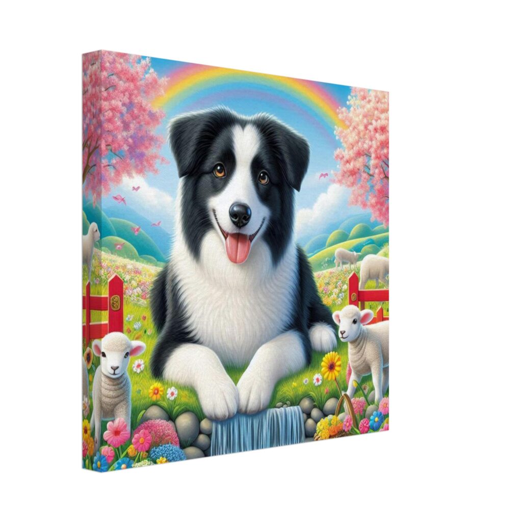 Collie Dog and Lamb Canvas Wall Art – Whimsical Nursery Decor with Rainbow and Pink Blossoms